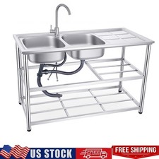 Stainless Steel Utility Sink 47.24x19.69x32.5" Free Standing Double Bowl wFaucet
