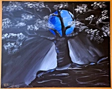 New Hand Made Painting on 16x20" Canvas Blue Planet Silhouette Tree White Leaves