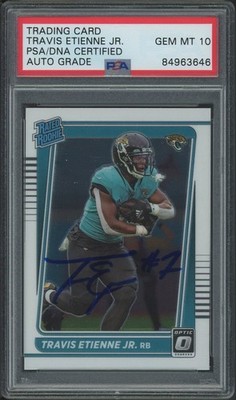 TRAVIS ETIENNE JR SIGNED 2021 PANINI OPTIC RATED ROOKIE CARD #214-GEM MT 10 AUTO