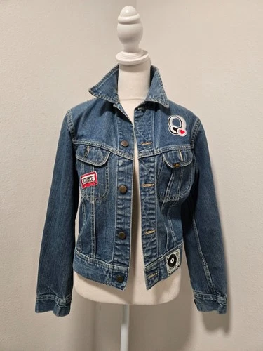 70s LEE SANFORIZED MADE IN USA BLUE APPLIQUED DENIM TRUCKER JEAN JACKET #153438