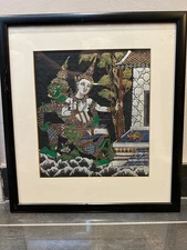Vintage Framed Thailand Painted Black Silk Art 17 x 15 in.
