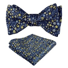 Mens 2pcs Floral Self-tied Bow Tie with Pocket Square 045-navy Blue yellow