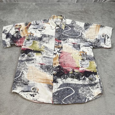 Vintage AGGIO Shirt Mens Large Multicolor Map Travel Print Rayon Button Up 90s