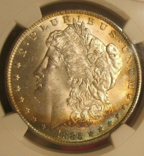 1885 O Morgan silver dollar - NGC MS 64, Rainbow Toning Obverse  4236