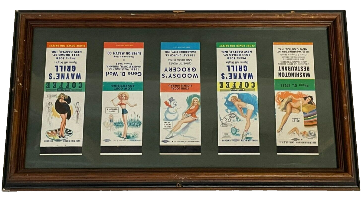 Vintage Framed Wooden Glass, Matchbook Covers, 5 Matchbooks in