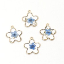 C 8PCS Gold Tone Real Dried Blue Daffodil Flower Resin Charm Pendant GBY2002