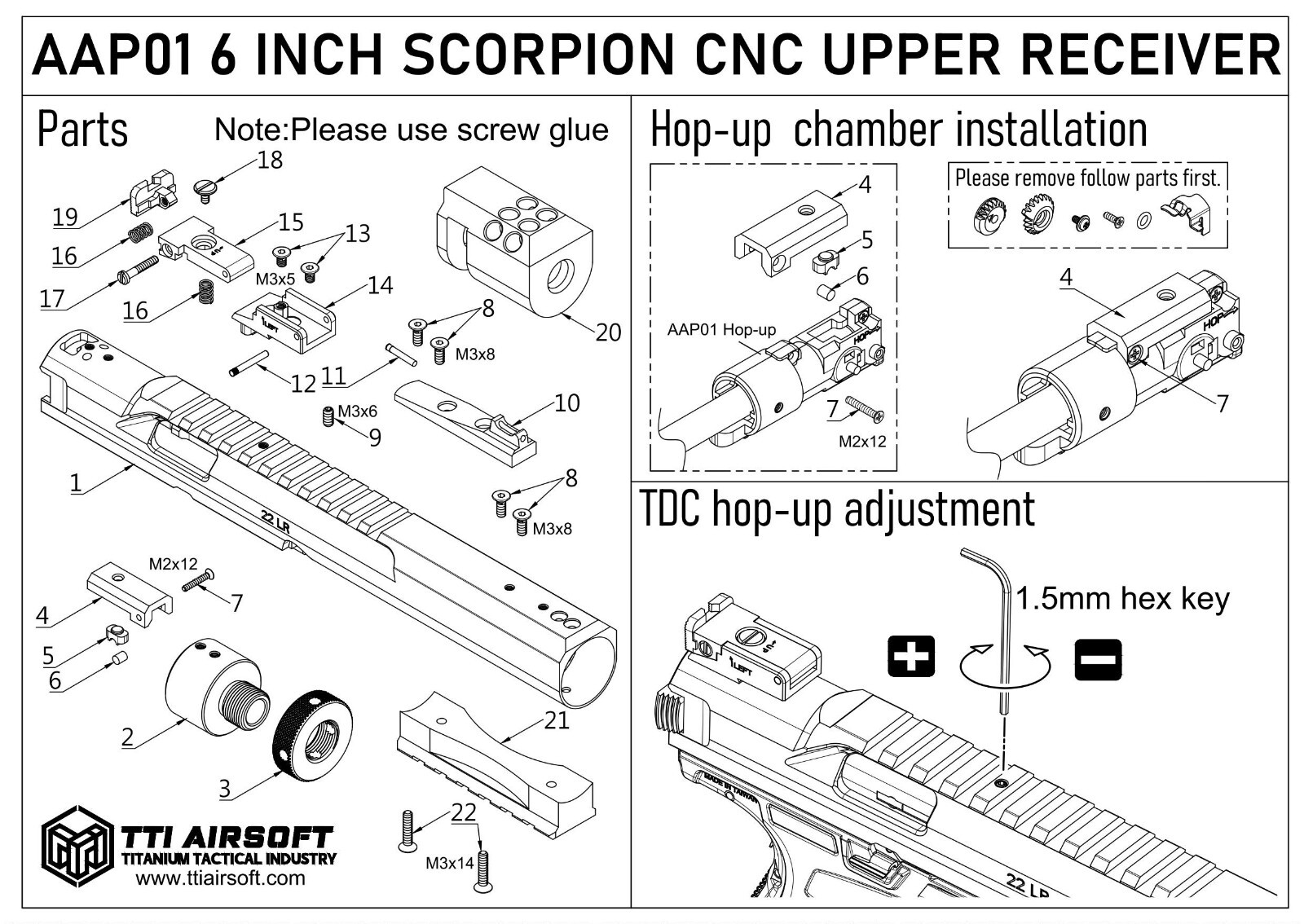 TTI AIRSOFT AAP-01 Scorpion CNC Upper Receiver Kit 6" with TDC Hop Up Kit (BK)
