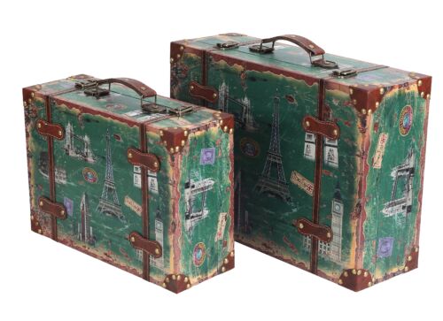 Set of 2 European Landmarks Vintage Wooden Luggage with Leather Straps and Handl - Picture 3 of 7