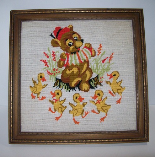 Vintage Mid Century Finished Needlepoint, BEAR PLAYING ACCORDION DANCING DUCKS
