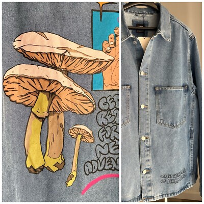 Zara Printed Denim Mens Jacket Overshirt Mashrooms NWT M L
