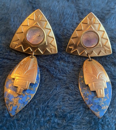 Orecchini Vintage Clip On Madreperla Geometrici Triangolari Tono Blu/Oro - Foto 3 di 7