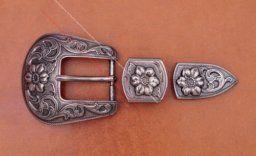 1" Vintage Silver Western Cowboy Ranger HandCraft Flower 3 Piece Set Belt Buckle - Picture 3 of 12