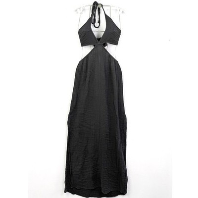 Elan Black Gauze Halter Cutout Maxi Dress OG5746 Large Cotton Boho Open Back