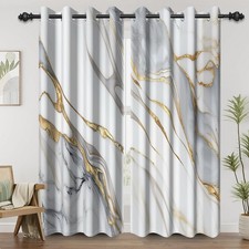 Gray Gold Marble Blackout Curtains for Bedroom Abstract Golden Crack Lines Wi...