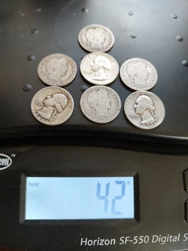 7 US Silver Quarter lot 90% Silver Circulated Used Worn Washington Barber