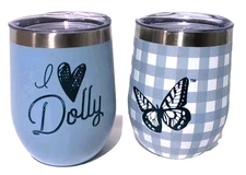 Dolly Blue Butterfly Stainless Stemless Wine Tumbler 2X DG Exclusive 12 oz ea