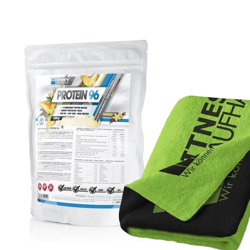 (69 EUR/kg) Frey Nutrition Protein 96 500g Eiweiss + Handtuch Proteinpulver