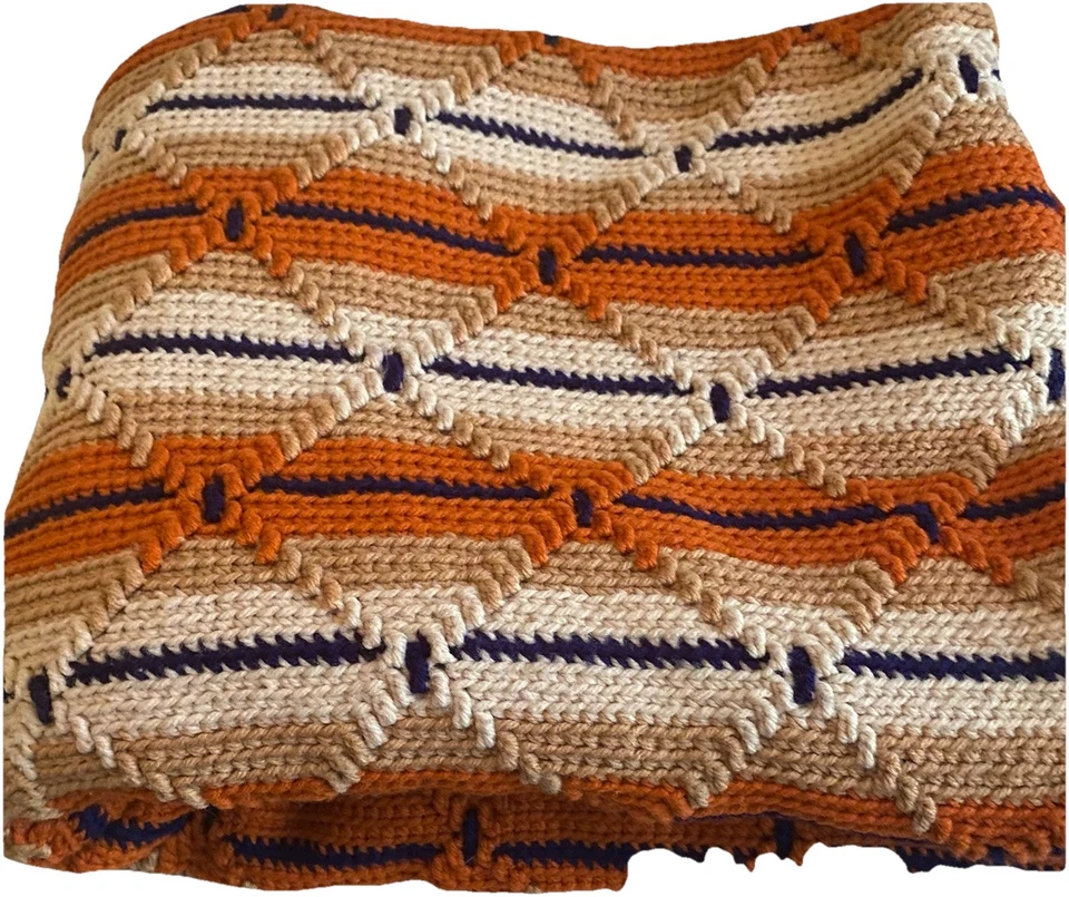 Винтажный ручной работы крючком афганский 38 x 32 синий оранжевый белый зигзаг плед - Изображение 3 из 4