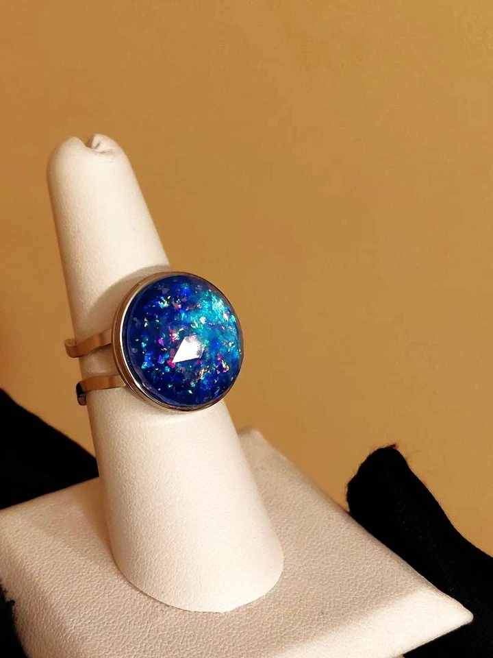 Opal Ring Ice Blue Topaz Resin Opal Ring 18-KT GP or Silver Stainless-Steel - Image 4 of 4