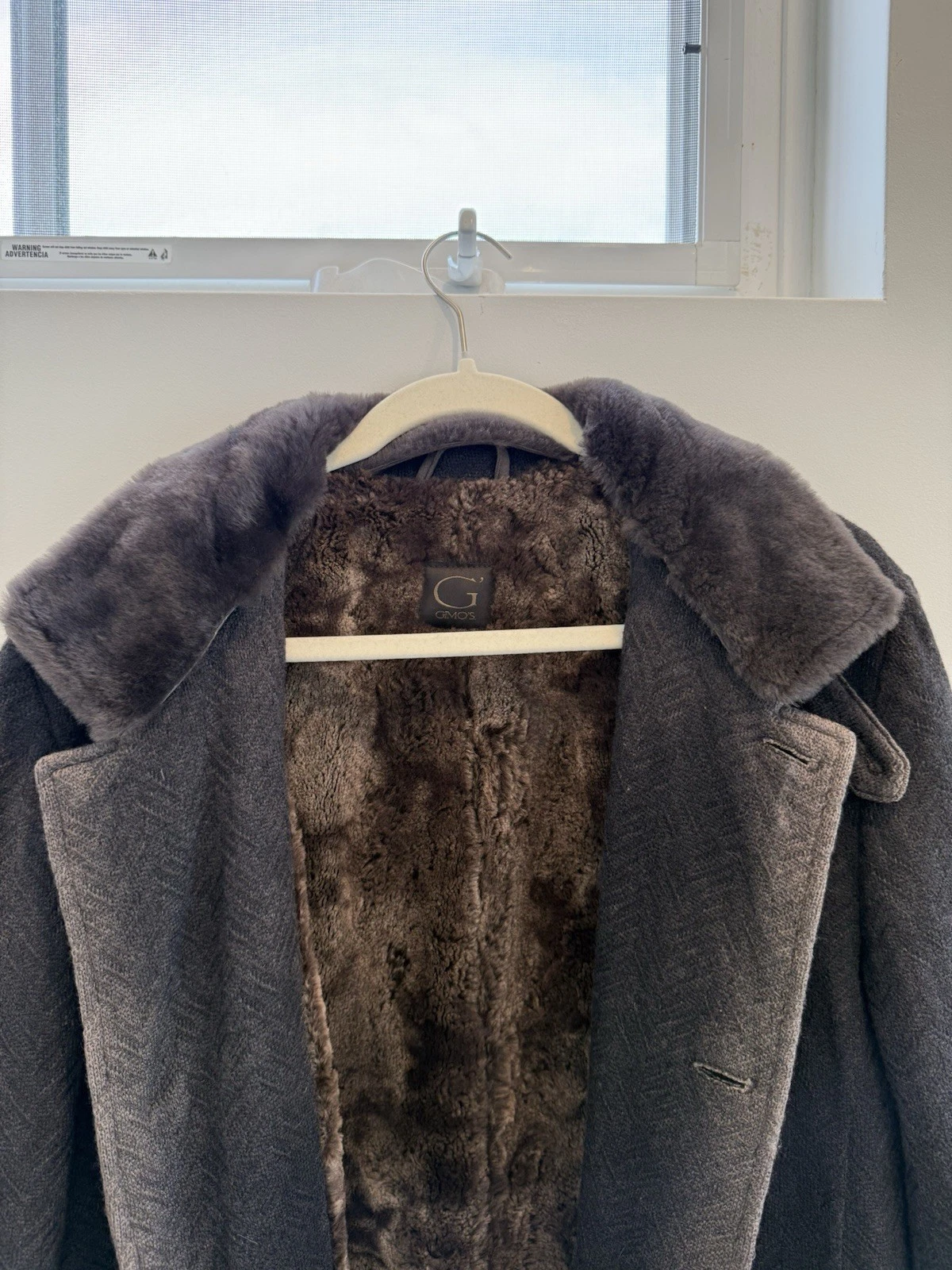 GIMO'S Men’s Brown Herringbone Wool Overcoat Faux Fur Lined Mid-Length M image 4