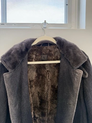 GIMO'S Men’s Brown Herringbone Wool Overcoat Faux Fur Lined Mid-Length M image 4