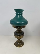 ANTIQUE  BRASS Victorian oil lamp Duplex burner glass chimney green glass shade
