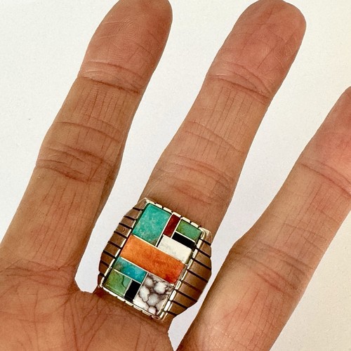 Anillo Turquesa Multi Piedra Incrustación Para Hombre Talla 12.5 Navajo Esterlina Firmado T Jack 21mm - Imagen 4 de 8