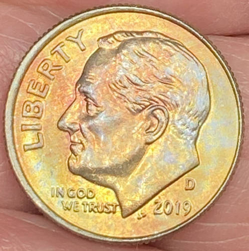 2019-D Roosevelt Dime Beautiful Lustrous Gold/Rainbow Toned Coin w/Error #5 - Picture 9 of 19