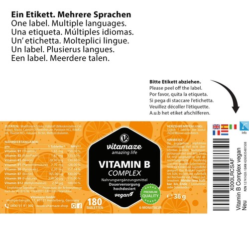Vitamaze® Vitamina B Complex Alto Dosaggio 180 Compresse Vegan de Vitamine B con - Foto 6 di 24