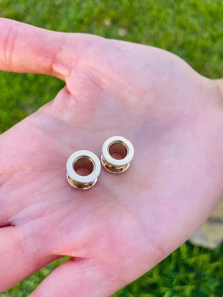 14k Solid Gold Gauges Ear Plugs Double Flared Screw Fit Flesh Tunnels w/ Diamond - Image 3 of 4