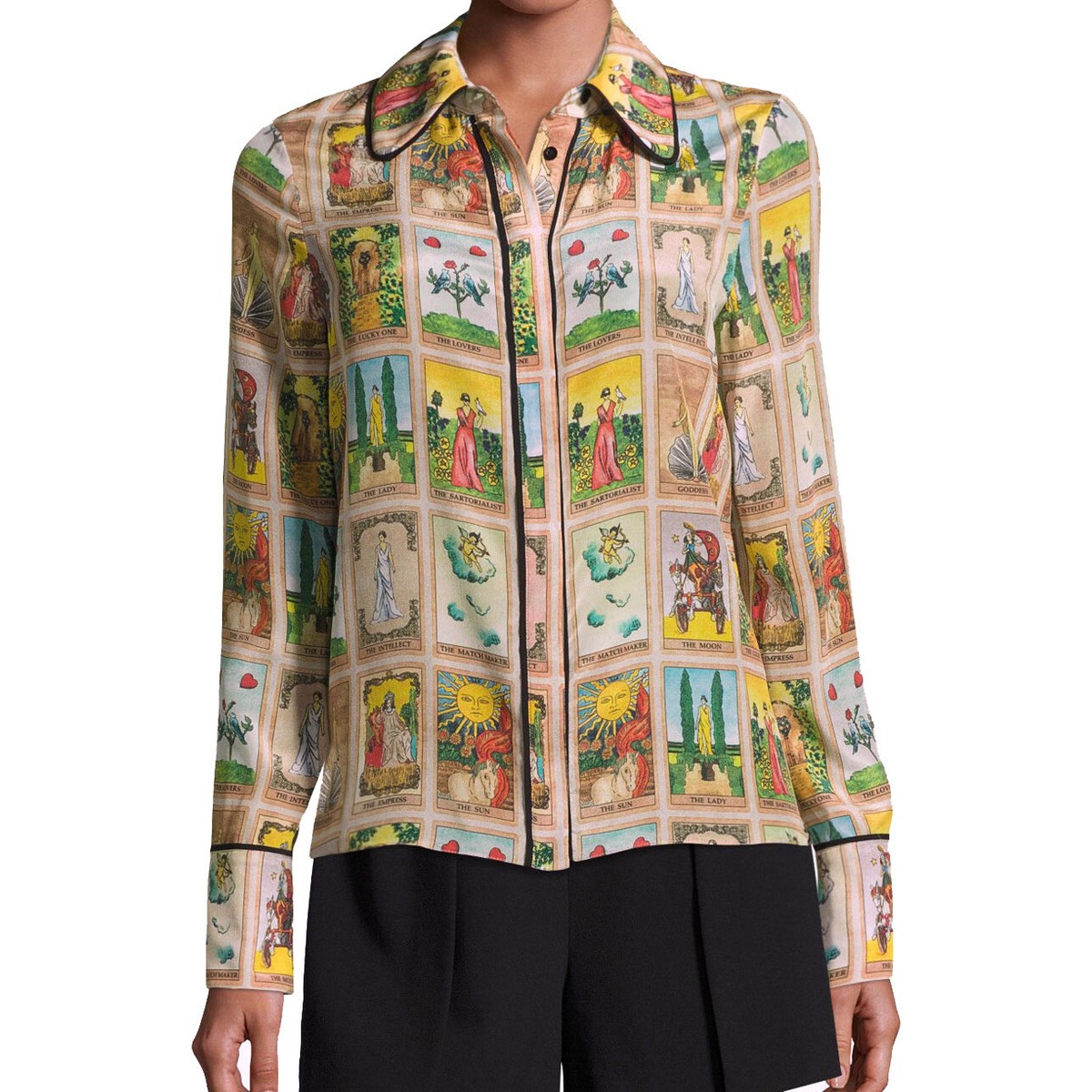Alice + Olivia Tarot Card Alfie Silk Blouse Collared Top Mystical