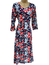 Cotton Traders UK Size 14 Dress Midi Maxi Navy Blue Red Floral 3/4 Sleeve