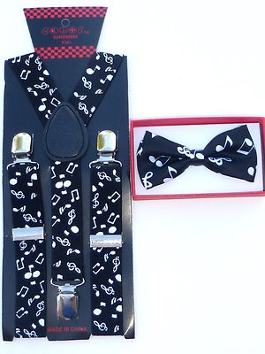 Suspender & Bow Tie Set For Baby/Toddler/Kids - Black With Music Notes Pattern