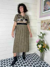 90s vtg Allison Che Safari Giraffe short sleeve maxi dress tiger leopard animal