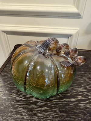 Art Glass Pumpkin Green Amber Swirl Stem Crackle Glass