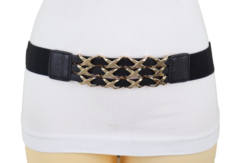 Women Black Elastic Band Pretty Belt Hip High Waist Gold Metal XX Charm Size S M - Picture 24 of 24