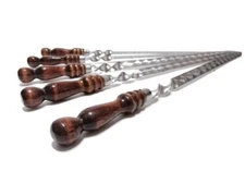 10-Pack Stainless Steel Flat BBQ Skewers with Wooden Handle - 24in to 28in Long