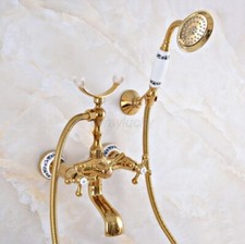 Gold Color Brass Wall Mount Clawfoot Bathroom Tub Faucet Handheld Shower wna917