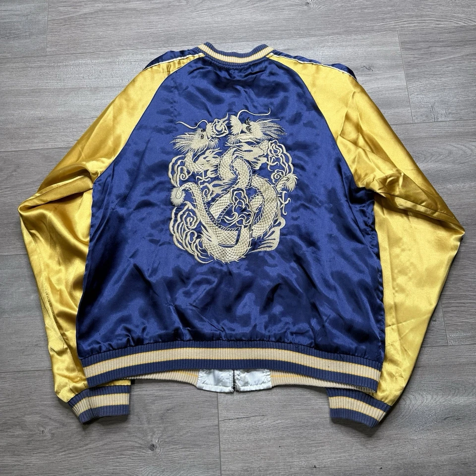 Vintage 50s Japan Embroidered Reversible Souvenir Satin Silk Bomber Jacket Korea - Image 3 of 4