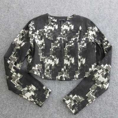 Sarah Pacini Jacket Womens 3 Black Geometric Print Collarless Lined Cropped