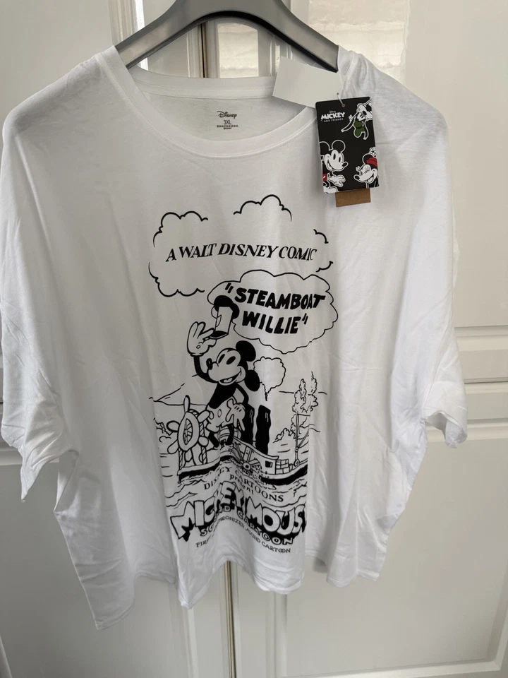 T.Shirt Disney Mickey Steamboat Willie 3 XL 54/56 Blc Imp Géant Noir Devt Coton - Photo 1/4