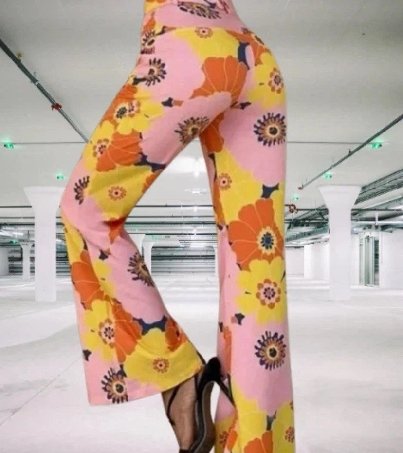 Pantalones acampanados florales con estampado audaz de ZARA estilo retro años 70 hippie boho divertido estampado talla M Foto 3 de 4