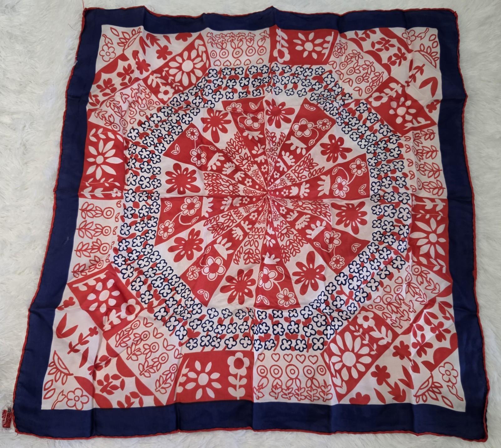 Vintage 1960s red and blue floral silk scarf with rolled hem