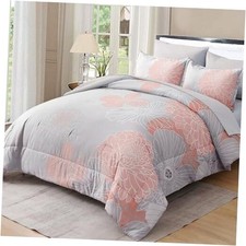7 Pieces Grey Comforter Set Floral Bed in a Bag Soft Queen 90" 90" Blush