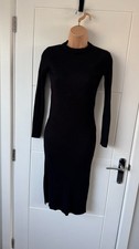 New Look Black Ribbed Knit Midi Bodycon Dress Long Sleeve S UK 10 B25
