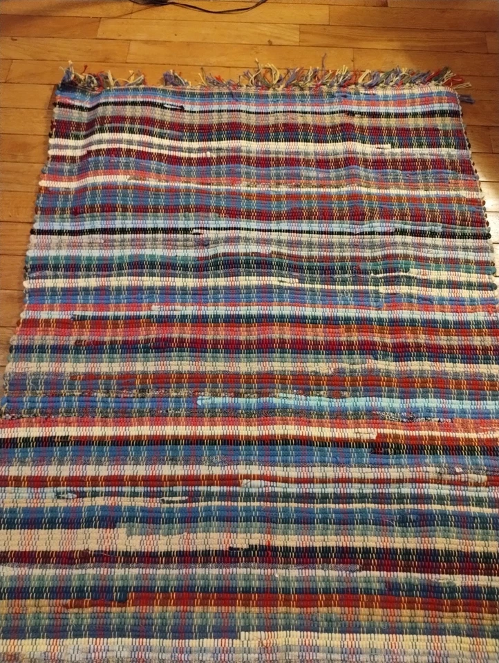 27 x 57 дюймов винтажный тряпичный ковер ручной работы деревенский фермерский домик усадьба с бахромой  - Изображение 2 из 4