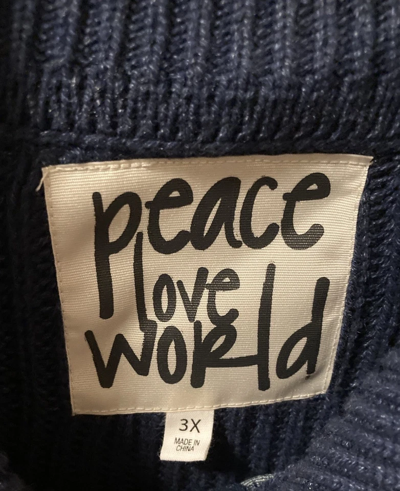 Cárdigan suéter Peace Love World 3X con detalles de mezclilla azul marino peso pesado Foto 3 de 4