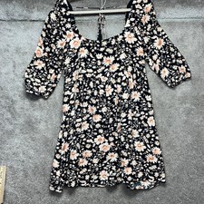 American Eagle Floral Babydoll Mini Dress Black Peach Square Neck Tassel Tie M