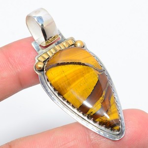 Authentic Tiger Eye 925 Silver Two Tone Gold Plated Pendant 2.15" T6