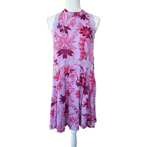 Mini Vestido Free People Lavanda Estampado Floral Encaje Borde Boho Fiesta Cubre M - Imagen 2 de 11